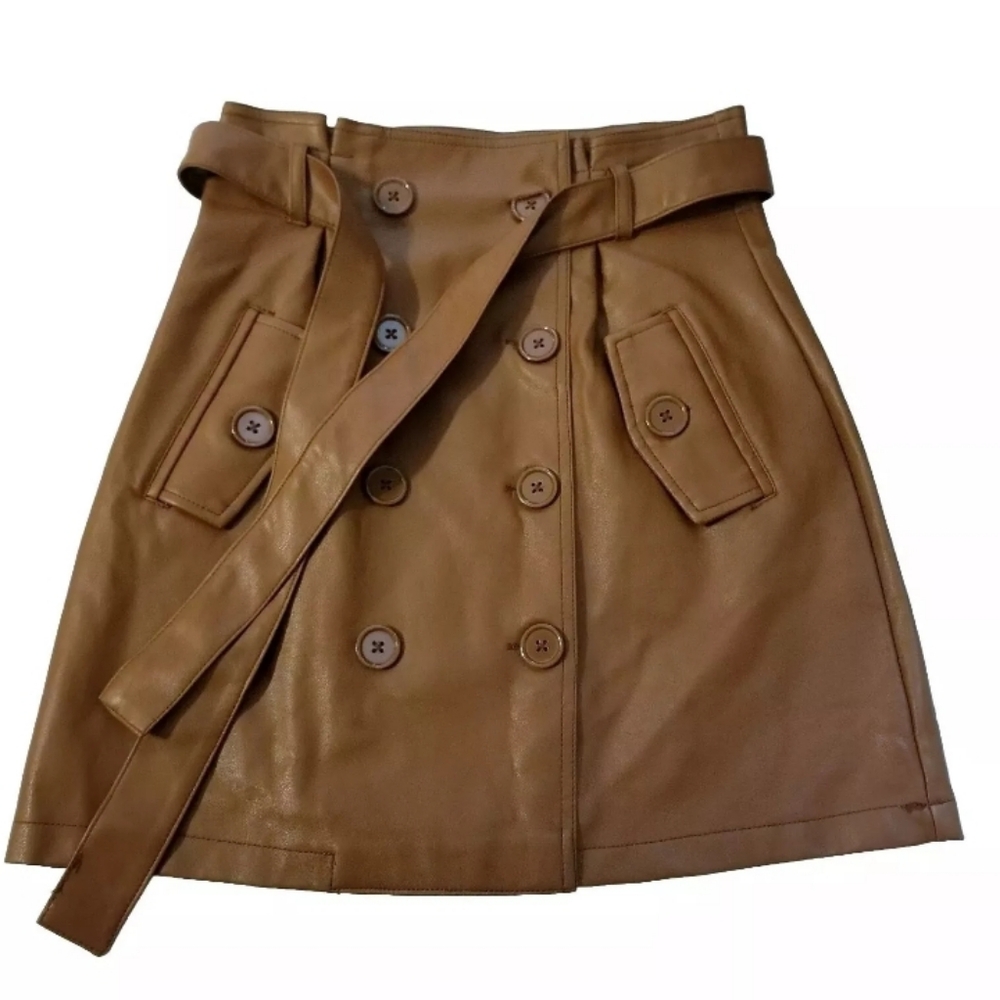 Forever 21 Cognac Brown Tie Waist Wrap Faux Leather Skirt Small Button Front
